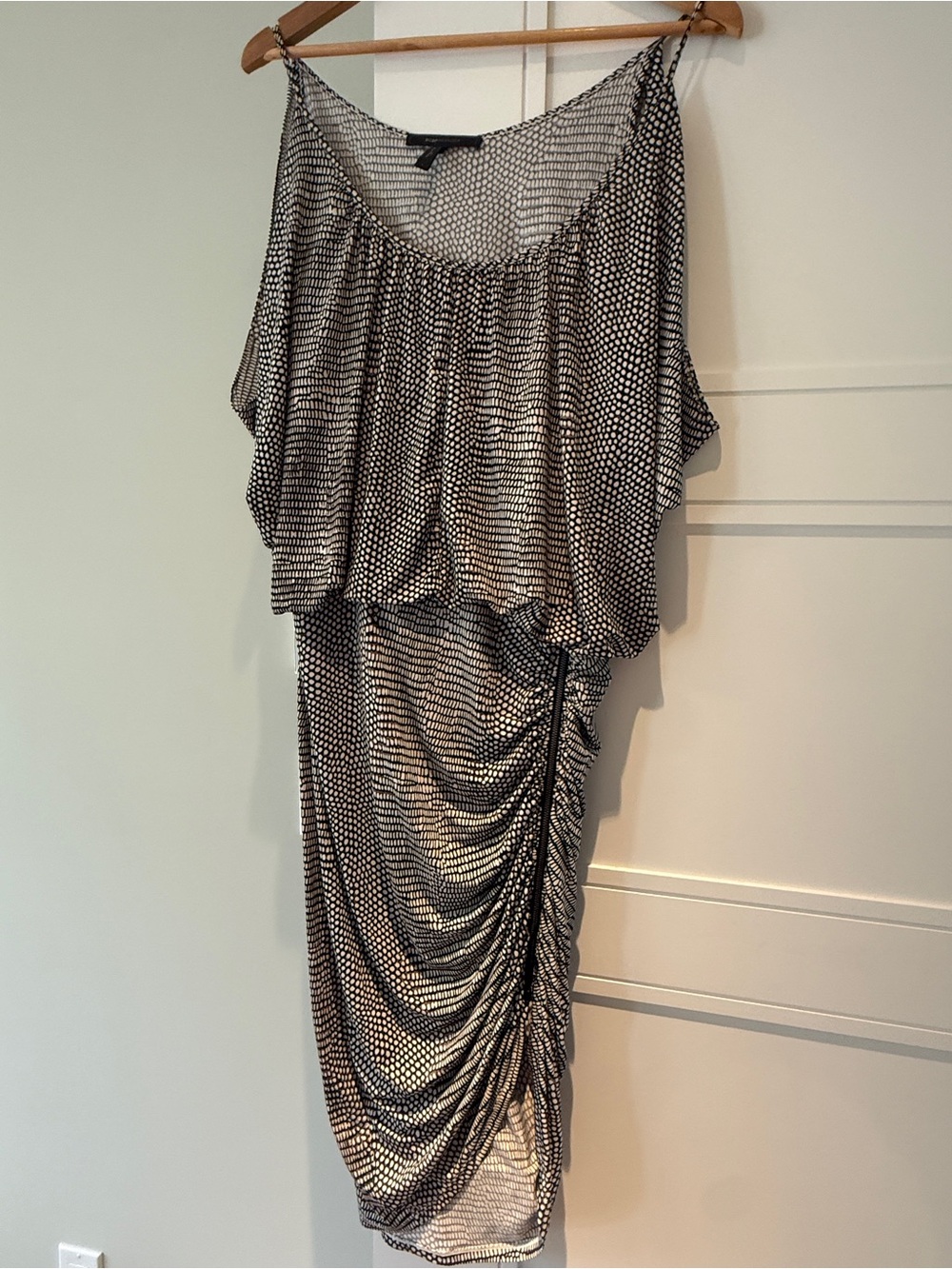 BCBGMaxAzria Black and White Dotted Ruched Midi Dress